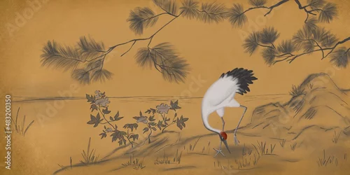 Fototapeta samoprzylepna White crane with gold background. Abstract watercolor paint background grunge texture. Interior Wallpaper. Mural for the walls, fresco for the room, interior grunge style