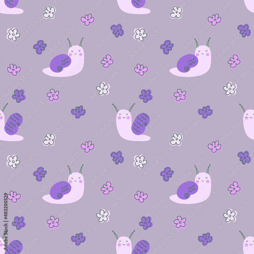 Snails and flowers summer doodle seamless pattern. Perfect for T-shirt, textile and print. Hand drawn illustration for decor and design.