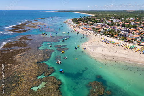 Fototapeta Naklejka Na Ścianę i Meble -  Aerial view of Porto de Galinhas beaches, Pernambuco, Brazil. Natural pools. Fantastic vacation travel. Great beach scene.