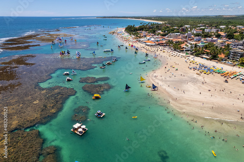 Aerial view of Porto de Galinhas beaches, Pernambuco, Brazil. Natural pools. Fantastic vacation travel. Great beach scene.