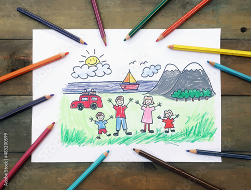 Drawing made by a child surrounded by colored pencils.
Illustration made by a children. Dad, mom, boy and girl. Car with mountains and sea with a boat. In the sky the clouds and a smiling sun.