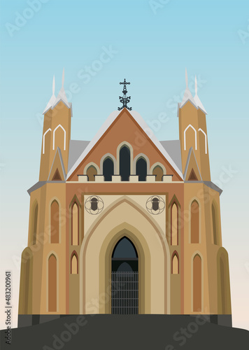 Chapel-tomb of Ozheshko in the village of Zakozel, Belarus. Religious building, neo-Gothic Catholic church.