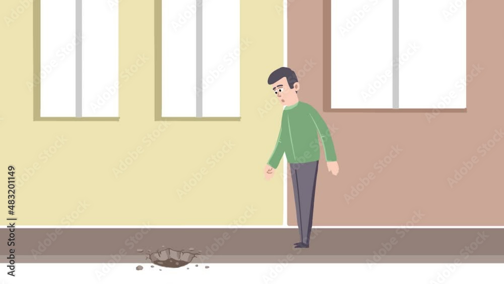 Adult man on the street. Animated infographic. City services. Pit on the road. Vigilant citizen. 2D cartoon. Fragment of advertising. Adult man on the street. Animated infographic. City services. Pit on the road. Vigilant citizen. 2D cartoon. Fragment of advertising.
