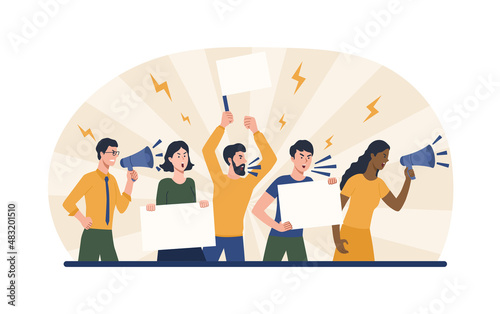 People supporting protests. Rally, activists express their opinion, political slogans, posters and banners. Disgruntled crowd demands action from authorities. Cartoon flat vector illustration