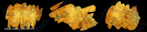 Set of gold vector template for design. Stain of metallic paint on a black background. Sticker, flyer. Hand drawn golden texture. Brushstrokes. Gold paint. Luxury backdrop. Empty blank for text.