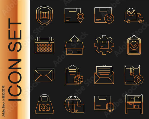 Set line Warehouse, Envelope with dollar symbol, Verification of delivery list clipboard, Carton cardboard box and delete, Calendar, Delivery security shield and Gear wheel package icon. Vector