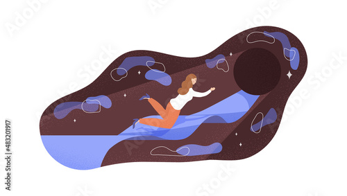 Unknown future concept. Girl flies to planet, character in galaxy. Uncertainty, fears and worries. Global life questions, existential reflections, universe concept. Cartoon flat vector illustration