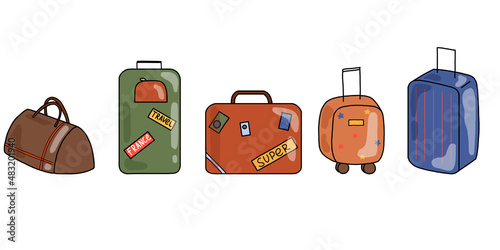 Kinds of luggage. Suitcase, bag, valise. Vector set