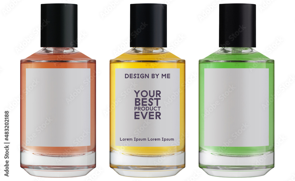3d render group of colored glass cosmetic bottles 3d render group of colored glass cosmetic bottles