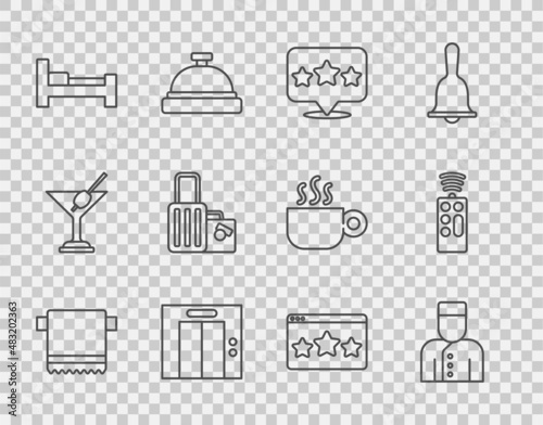 Set line Towel on hanger, Concierge, Five stars rating review, Lift, Hotel room bed, Suitcase, and Remote control icon. Vector
