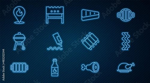 Set line Roasted turkey or chicken, Bacon stripe, Steak meat, Sauce bottle, Barbecue grill, Location with fire flame, Grilled pork bbq ribs and BBQ brazier icon. Vector