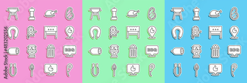 Set line Rib eye steak, Barbecue, Location with fire flame, Roasted turkey or chicken, Oven glove, Sausage, grill and BBQ brazier icon. Vector