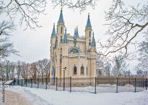 Gothic chapel in the park "Alexandria". Peterhof. Saint Petersburg. Russia