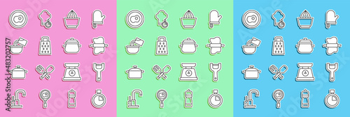 Set line Stopwatch, Vegetable peeler, Rolling pin on dough, Citrus fruit juicer, Grater, Saucepan, Scrambled eggs and Cooking pot icon. Vector