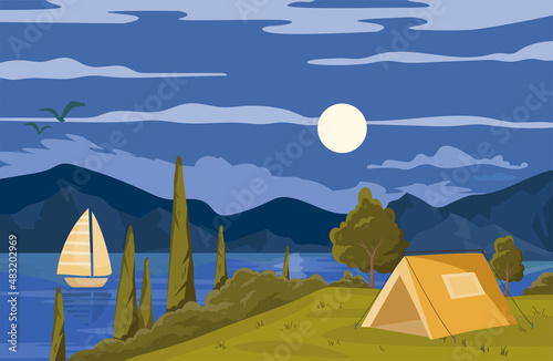 Camping landscape concept. Tourists have rest in nature, beautiful tent on river bank. Rest, beautiful boat in night water, moon in sky. Vacation and adventure. Cartoon flat vector illustration