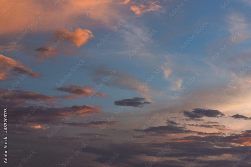 landscape light soft panorama sunset blue sky background with pink clouds beautiful sunset