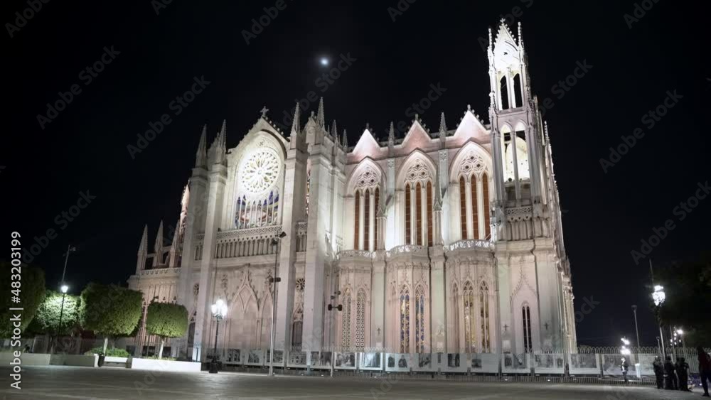 Panorama view of a Catholic Church in Leon, Guanajuato at night Panorama view of a Catholic Church in Leon, Guanajuato at night