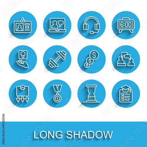 Set line Weight loss, Medal, Identification badge, Old hourglass with sand, Online education, Dumbbell, Two sitting men talking and Financial growth dollar icon. Vector