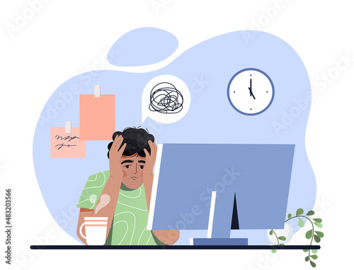 Burnout and overload. Man sits at his workplace with his head in his hands. Low energy, dead end, confused character in front of computer. Fatigue, overwork. Cartoon flat vector illustration
