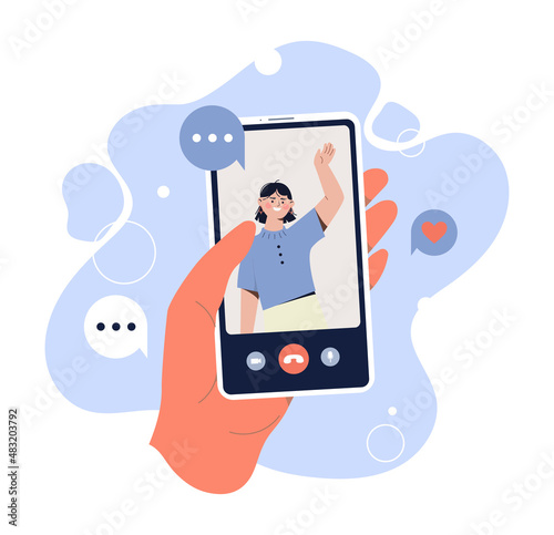 Smartphone communication concept. Character waves her hand in greeting. Video conference or call. Modern technologies and social network. Chatting in Internet. Cartoon flat vector illustration