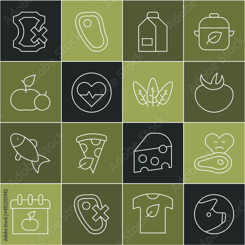 Set line Pig, Steak meat, Tomato, Paper package for milk, Heart rate, Apple, No leather and Leaf icon. Vector