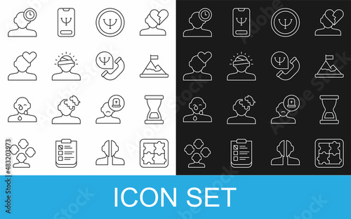 Set line Solution problem in psychology, Old hourglass, Mountains with flag top, Psychology, Concussion, headache, Broken heart or divorce, Insomnia and Online psychological counseling icon. Vector