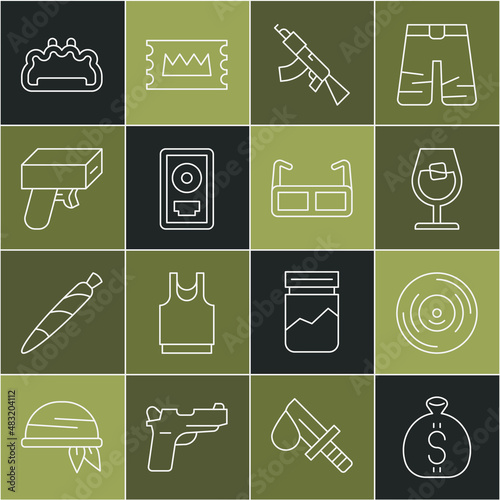 Set line Money bag, Vinyl disk, Wine glass, Submachine gun, CD award frame, Brass knuckles and Glasses icon. Vector