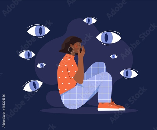 Depressed girl concept. Woman sits with her face covered with her hands. Internal problems, disorders, fears and emotional burnout. Characterembarrassed by attention. Cartoon flat vector illustration
