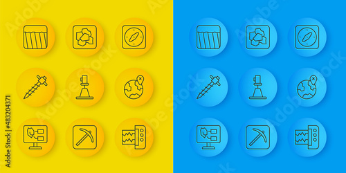 Set line Soil analysis, Construction jackhammer, Tacheometer, theodolite, Seismograph, Location globe, Ground, Compass and Gold nugget icon. Vector