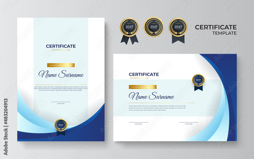 Modern blue certificate template and border, for award, diploma, and printing. Modern employee blue certificate design template