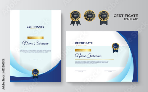 Obraz na płótnie Modern blue certificate template and border, for award, diploma, and printing. Modern employee blue certificate design template w salonie