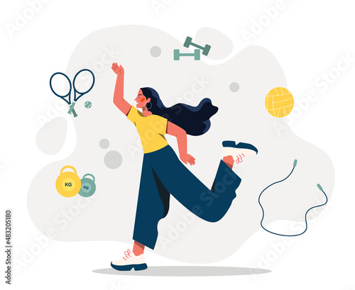 Healthy activity concept. Girl takes care of herself, young athlete, athlete. Fan of different sports, diet and taking care of your body. Young beautiful student. Cartoon flat vector illustration