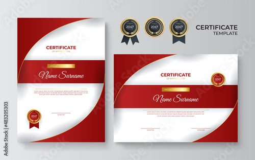 Modern red certificate template and border, for award, diploma, and printing. Red and gold elegant certificate of achievement template with gold badge and border