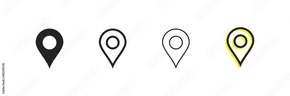 Pin vector icons. Map pin place marker. World map icon. Navigation pointer. 3 Set. Filled and linear location symbol.  - obrazy, fototapety, plakaty 