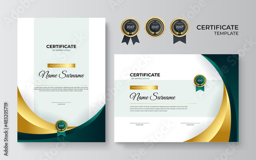 Modern green certificate template and border, for award, diploma, and printing. Blue and gold elegant certificate of achievement template with gold badge and border