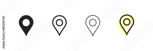 Pin vector icons. Map pin place marker. World map icon. Navigation pointer. 3 Set. Filled and linear location symbol. 