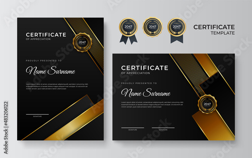 Black and gold certificate of achievement border template with luxury badge and modern line pattern. For award, business, award, achievement and education needs