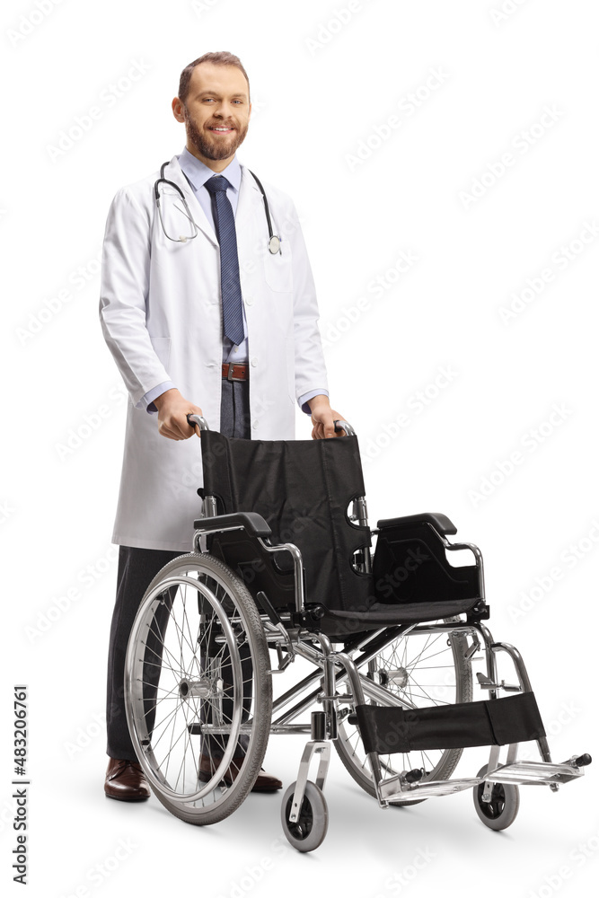 Young male doctor standing with a wheelchair Young male doctor standing with a wheelchair