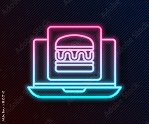Glowing neon line Online ordering and burger delivery icon isolated on black background. Vector