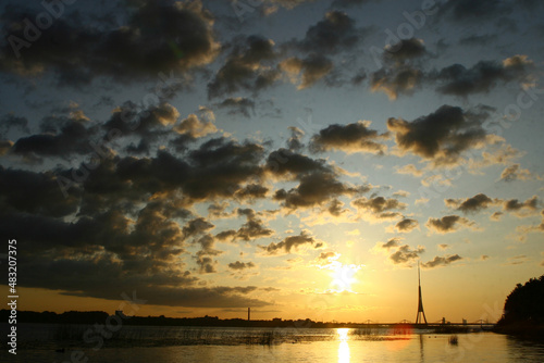 beautiful landscape with birds silouette