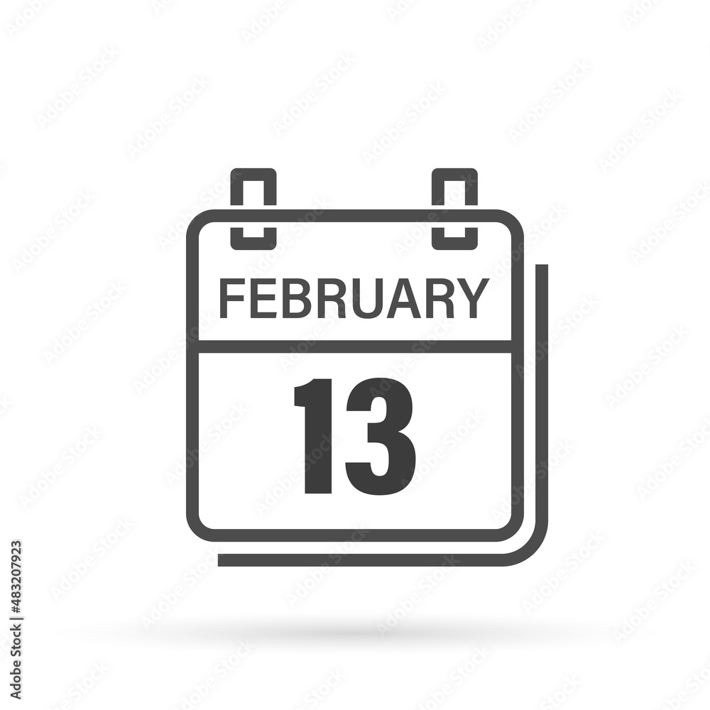 February 13, Calendar icon with shadow. Day, month. Flat vector illustration. February 13, Calendar icon with shadow. Day, month. Flat vector illustration.
