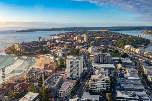 Panoramic aerial drone view above Cronulla in the Sutherland Shire, South Sydney, looking south toward Port Hacking during summer in the early morning   photo