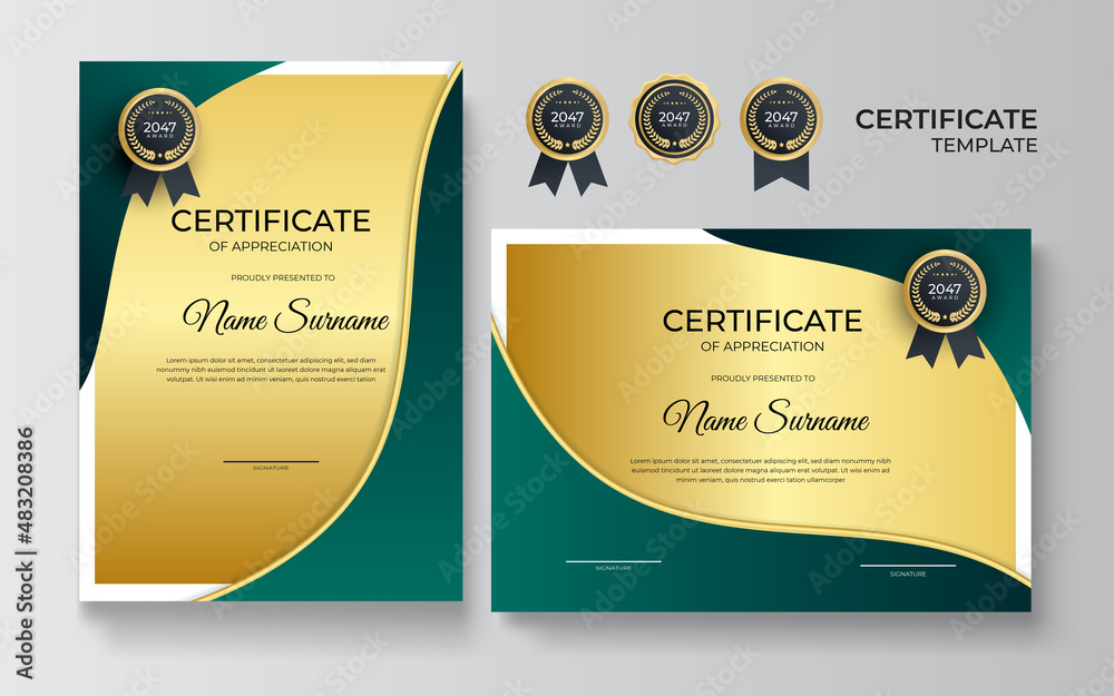 Modern green certificate template and border, for award, diploma, and printing. Green and gold
