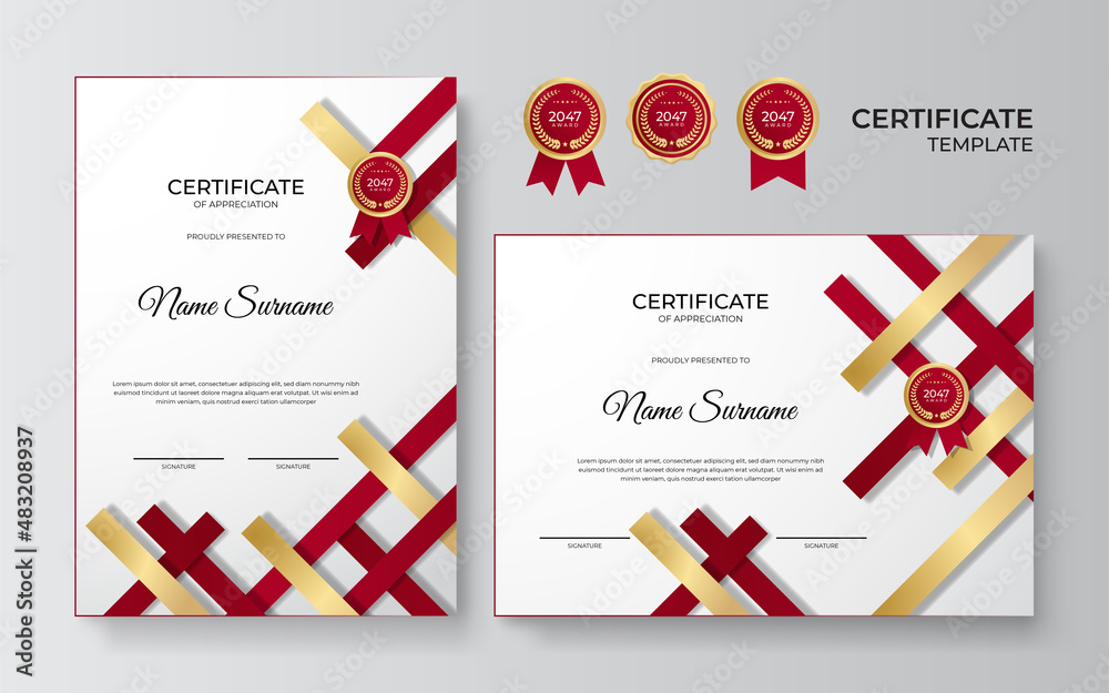 Modern red certificate template and border, for award, diploma, and