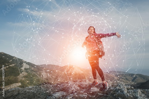 Woman touching big global digital network connection on social network in the sky