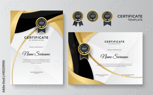 Black and gold certificate of achievement border template with luxury badge and modern line pattern. For award, business, award, achievement and education needs