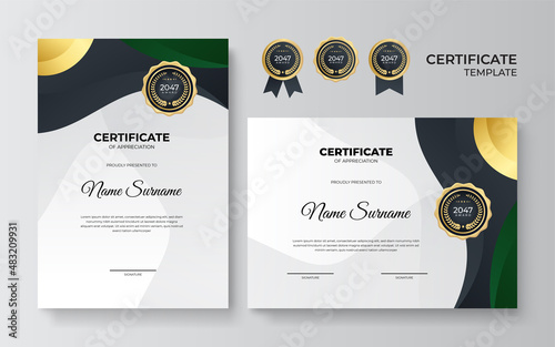 Blue and gold certificate of achievement border template with luxury badge and modern line pattern. For award, business, award, achievement and education needs