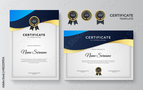 Blue and gold certificate of achievement border template with luxury badge and modern line pattern. For award, business, award, achievement and education needs