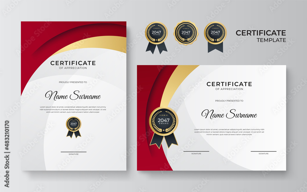 Modern red certificate template and border, for award, diploma, and printing. Red and gold elegant certificate of achievement template with gold badge and border