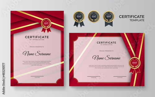 Modern red certificate template and border, for award, diploma, and printing. Red and gold elegant certificate of achievement template with gold badge and border